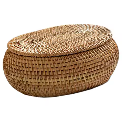 Panier rond en rotin avec couvercle - Décoratif bureau
