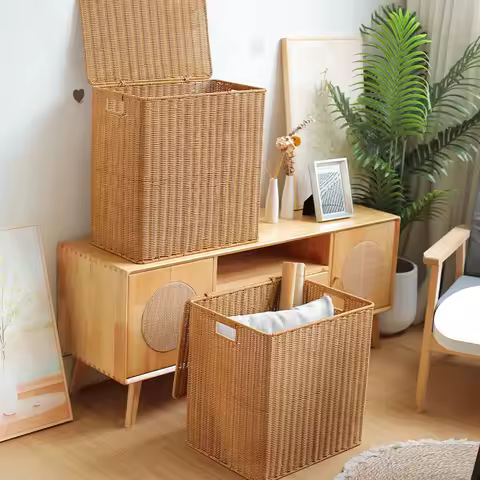 Malle en rotin avec couvercle - Linge &amp; vêtements enfants