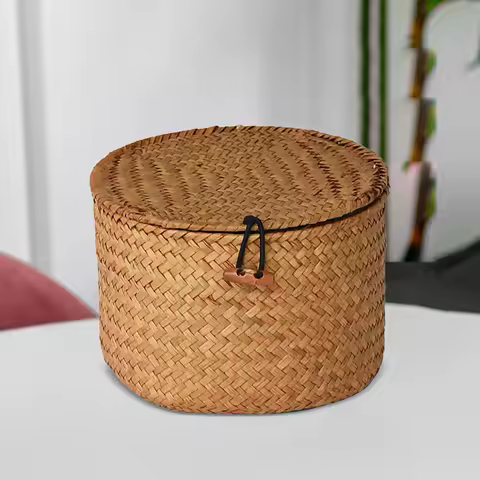 Panier en jonc de mer avec couvercle - Maquillage &amp; étagère