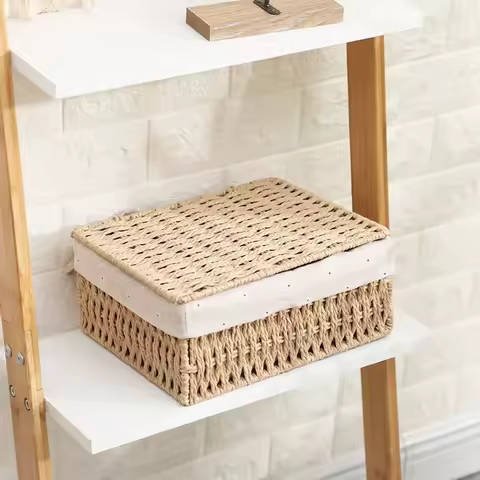 Boîte de rangement en rotin - Couvercle multi-usage