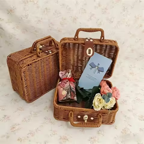 Panier vintage en rotin XL avec couvercle