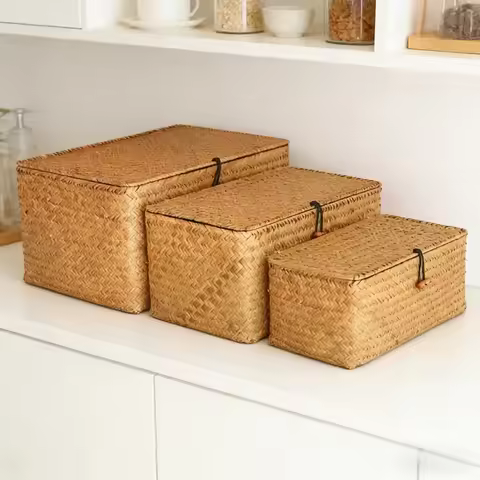 Panier en paille tressée - Vintage bureau &amp; salon
