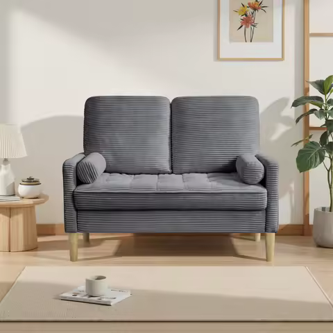 Canapé scandinave 2 places velours côtelé — coussins inclus