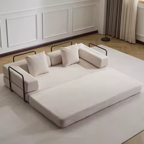 Canapé-lit beige compressible — pliable sans assemblage